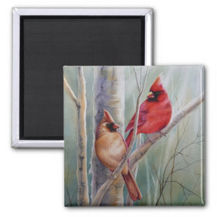 Aimant Red Northern Cardinal Bird Pair Aquarelle Art