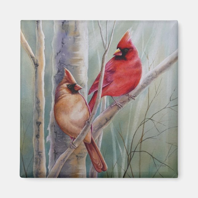 Aimant Red Northern Cardinal Bird Pair Aquarelle Art (Devant)