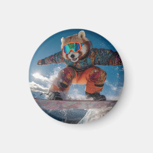 Aimant Red Panda Snowboard en combinaison de neige coloré