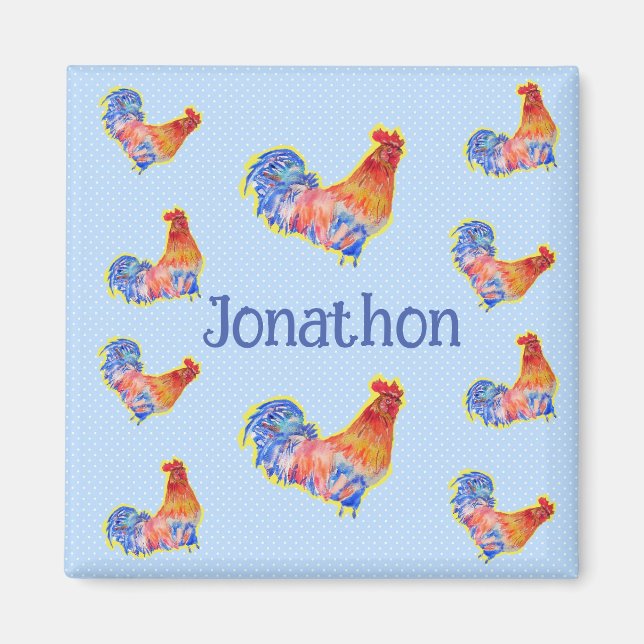 Aimant Red Rooster Chickens Boys Joyeux Anniversaire Nom (Devant)
