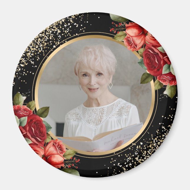 Aimant Red Roses Black Gold Floral Photo (Devant)