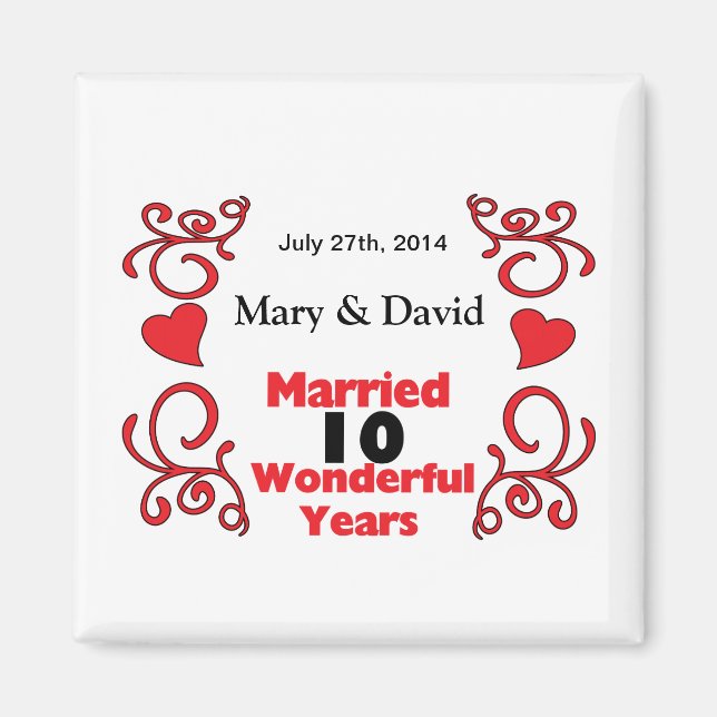 Aimant Red Scroll & Hearts Noms et Date 10 Anniversaire (Devant)