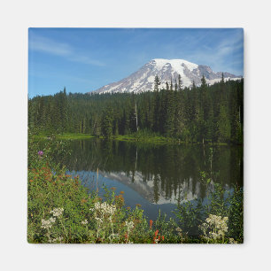 Aimant Réflexion du lac Rainier avec Fleurs sauvages