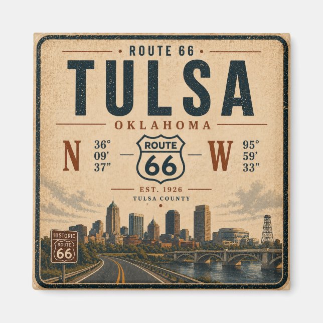 Aimant Réfrigérateur de la route 66 de Tulsa, coordonnées (Devant)