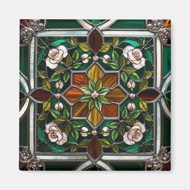 Aimant Regard de vitrail Rose verte et ambre Mandella (Devant)