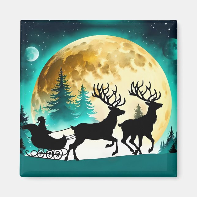 Aimant Reindeer et Sleigh pleine lune (Devant)