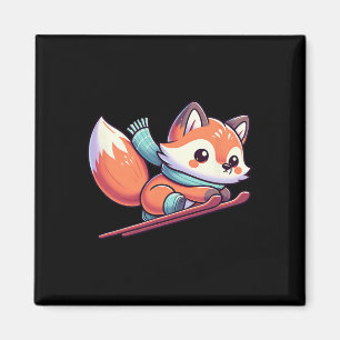 Aimant Renard Kawaii sur des skis Sports d'hiver Alpes Ne