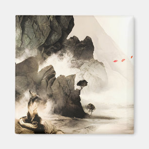 Aimant Renard mystique printanier Montagne minimaliste ze