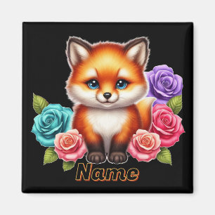 Aimant Renardeau adorable avec des roses colorées en bois