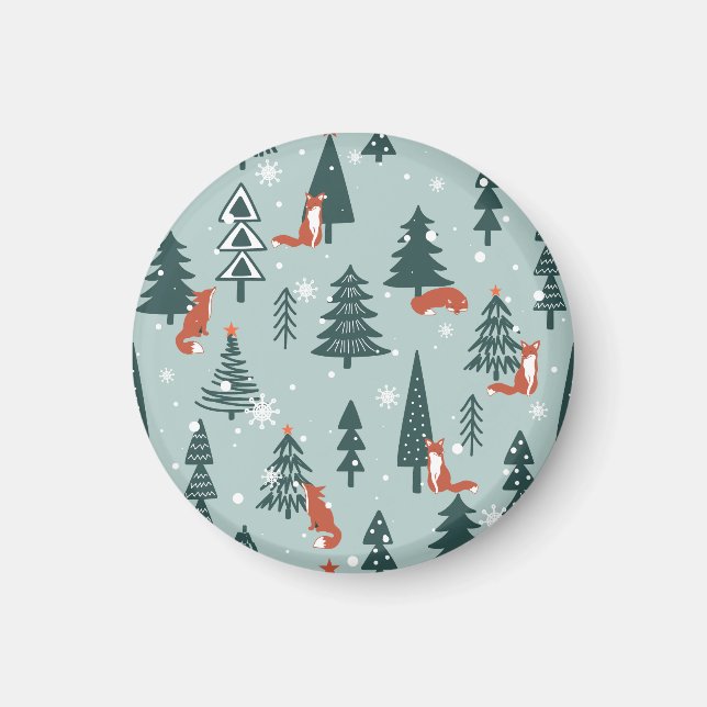 Aimant Renards, sapins, hiver, motif coloré (Devant)