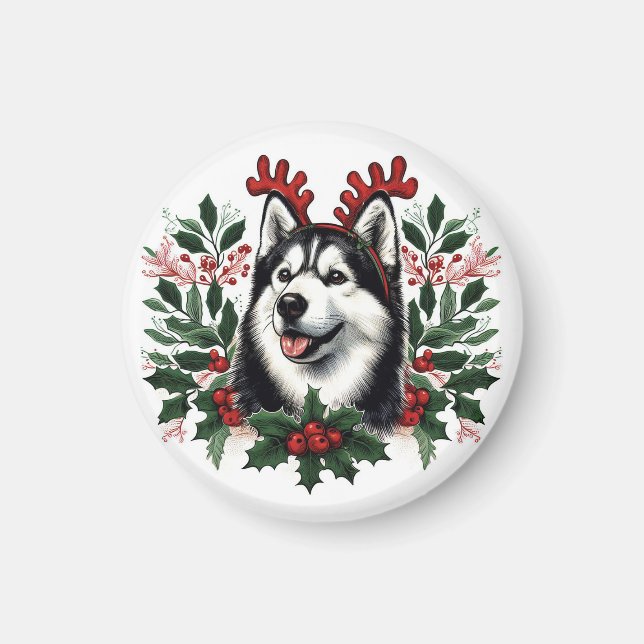 Aimant Rennes de fête Sibérie Husky Chien Noël (Devant)