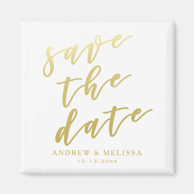 Aimant Réservez la date | White & Faux Gold Script (Devant)