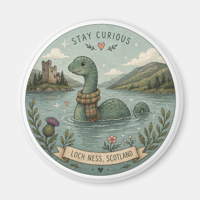Aimant Restez Curieux Cozy Cryptide Nessie Monstre du Loc (Devant)