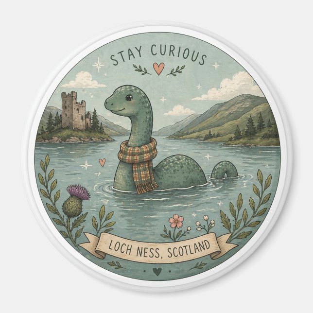 Aimant Restez Curieux Cozy Cryptide Nessie Monstre du Loc (Devant)