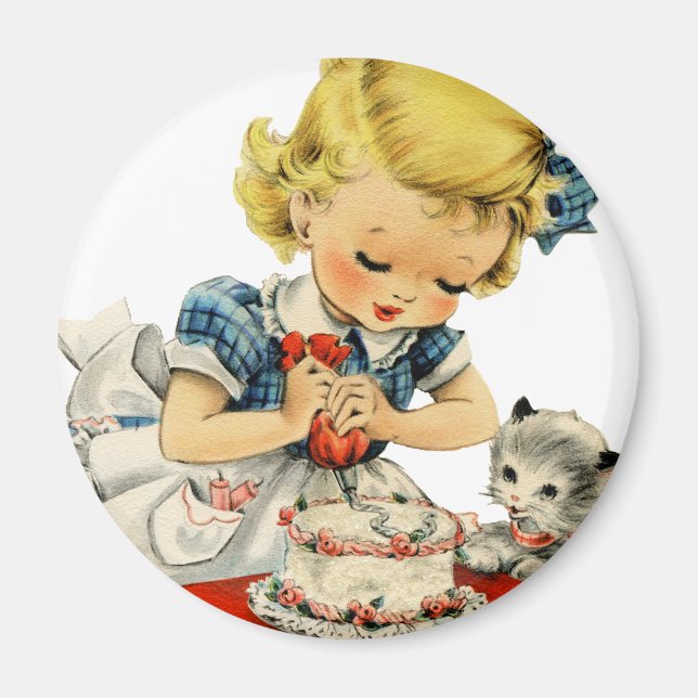 Aimant Retro Birthday Girl Cake Cat Artwork (Devant)