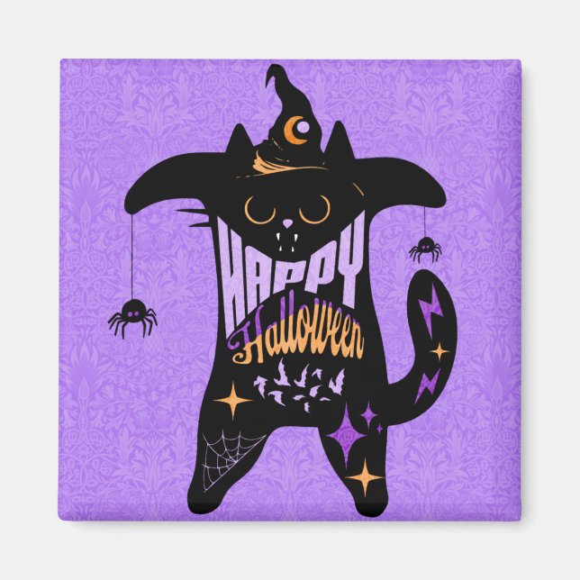 Aimant Retro Black Cat Witch Funny Halloween (Devant)