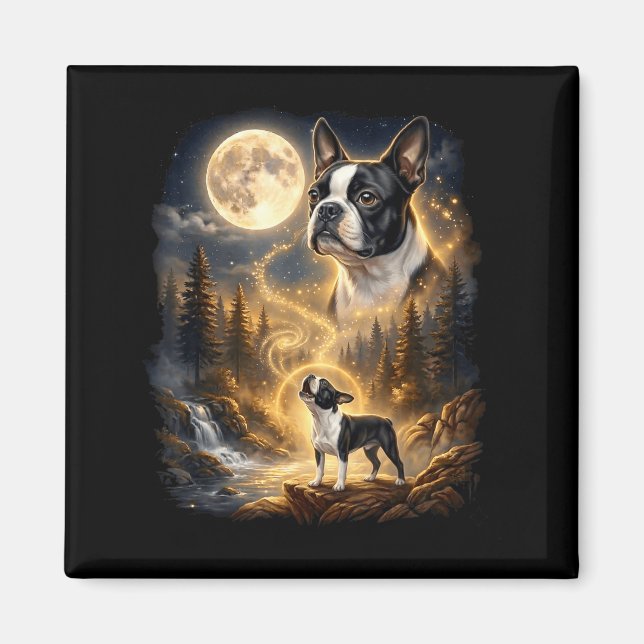 Aimant rétro Boston terrier hurlant à la lune  (Devant)
