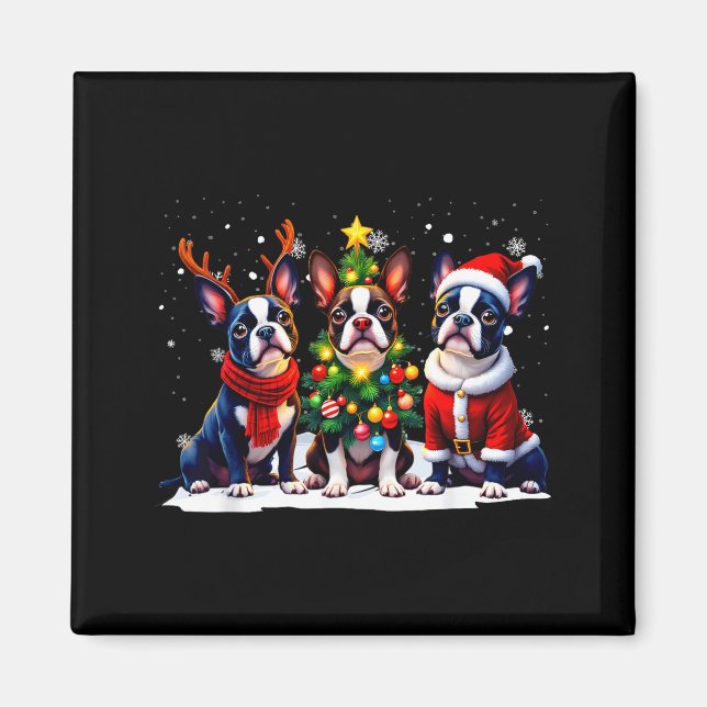 Aimant Retro Christmas Boston Terrier Santa Reindeer Dog  (Devant)