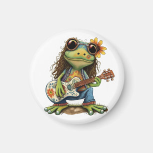 Aimant Retro Funny Hippie Frog Porter du verre Jouer Pian