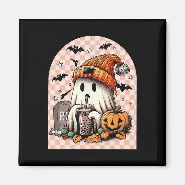Aimant Retro Halloween Cute Ghost Boire Citrouille de caf (Devant)