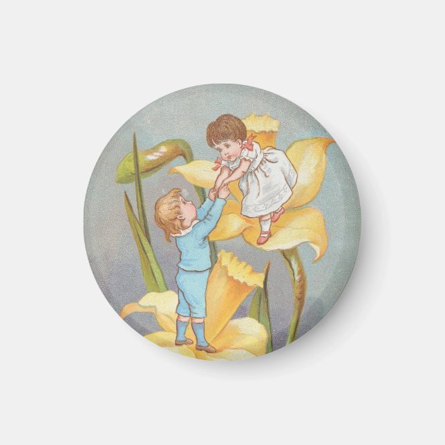 Aimant Rétro Mignon Douce Saint-Valentin, enfants et jonq (Devant)