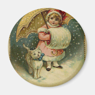 Aimant Rétro Noël vintage victorien d'enfant et de chat