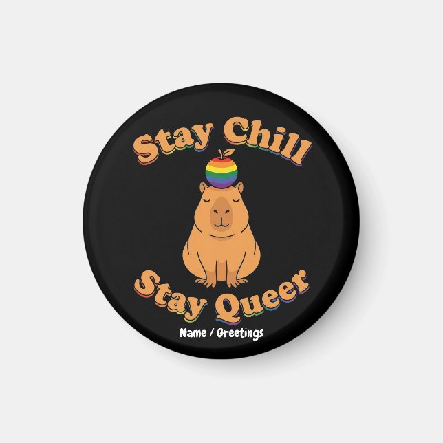 Aimant Rétro Restez Calme Restez Queer Capybara Arc-en-Ci (Devant)