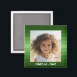 Aimant Retro Stripes - Christmas Green - Simple Photo<br><div class="desc">Tons de motif à bandes vertes avec une zone de texte simple pour un nom et une date. Ajoutez votre selfie favori ou votre instantané de famille. Utilisez une photo pour créer ce cadeau photo unique et personnel. L'arrière - plan comprend un motif rétro à rayures avec une mise à...</div>