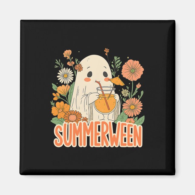 Aimant Rétro Summerween Ghost Boho Floral Summer Hallowee (Devant)