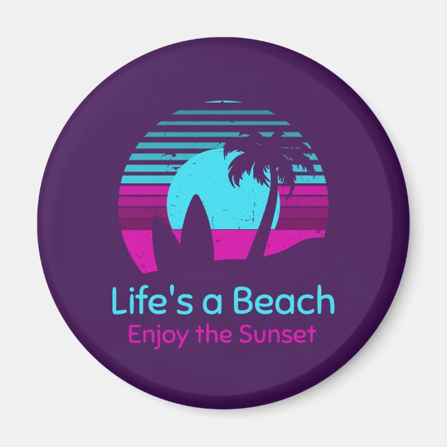 Aimant Retro Sunset Surfboard Palm Tree Life's a Beach (Devant)
