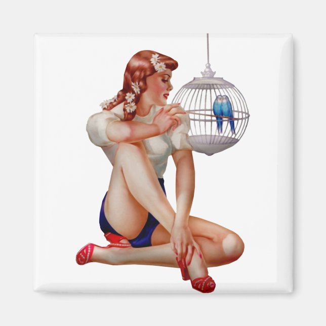 Aimant Retro Vintage Bird Cage Pinup Girl (Devant)