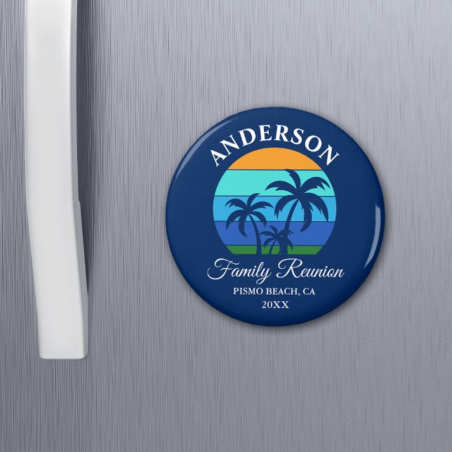 Aimant Reunion Famille Summer Beach Palm Trees Bleu (Customize to change text size, text style or background color.)