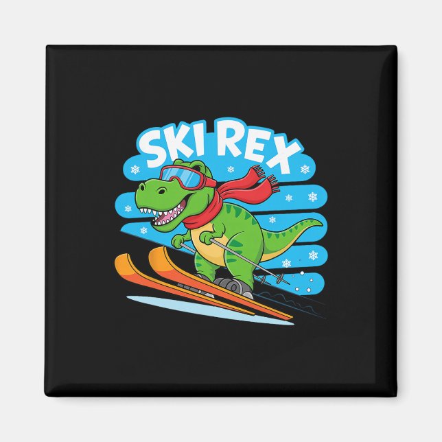 Aimant Rex Skiant Drôle De Dinosaure De Ski Design De Spo (Devant)