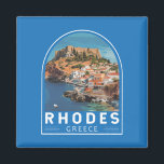 Aimant Rhodes Grèce Illustration Voyage Art Vintage<br><div class="desc">Rhodes conception de déplacement vectoriel rétro. Rhodes,  la plus grande des îles du Dodécanèse de Grèce,  est connue pour ses stations balnéaires et ses ruines antiques.</div>