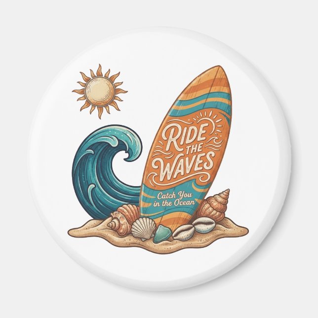Aimant Ride the Waves Surfboard Illustration - Tropical B (Devant)