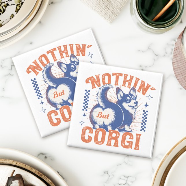 Aimant Rien d'autre que Corgi - Retro Orange et Navy Funn (This design features a playful retro corgi graphic with its adorable butt as the main focal point!)