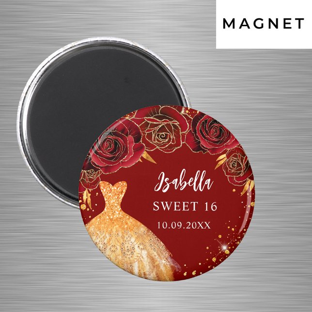 Aimant Robe à paillettes rouge or nom Sweet 16 (Créateur téléchargé)