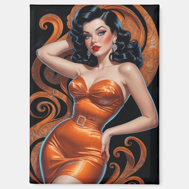 Aimant Robe orange Brunette Pin Up (Recto)