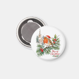 Aimant Robin de Noël à l'aquarelle avec houx et neige