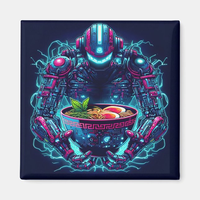 Aimant Robot Cyberpunk Futuriste Neon Nourriture Ramen (Devant)