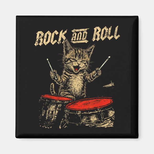 Aimant Rock And Roll Funny Cat Playing Drum For Men Women (Devant)