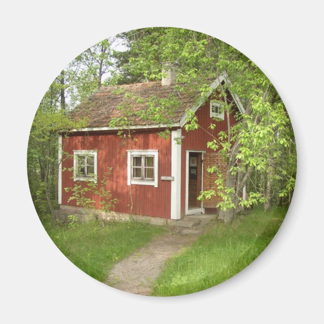 Aimant rond de chalet rouge (Devant)