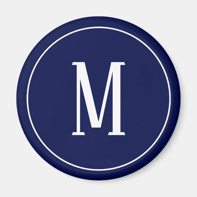 Aimant Rond Monogramme Blanc sur Fond Bleu Marine (Devant)