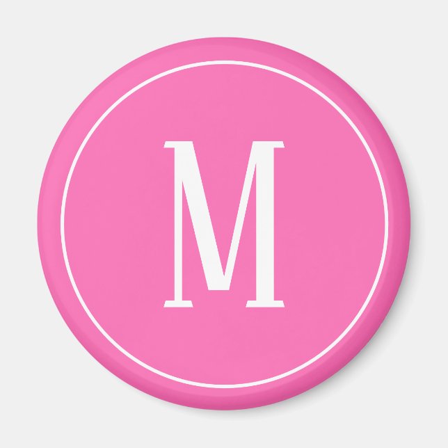 Aimant Rond Monogramme Blanc sur Fond Rose (Devant)