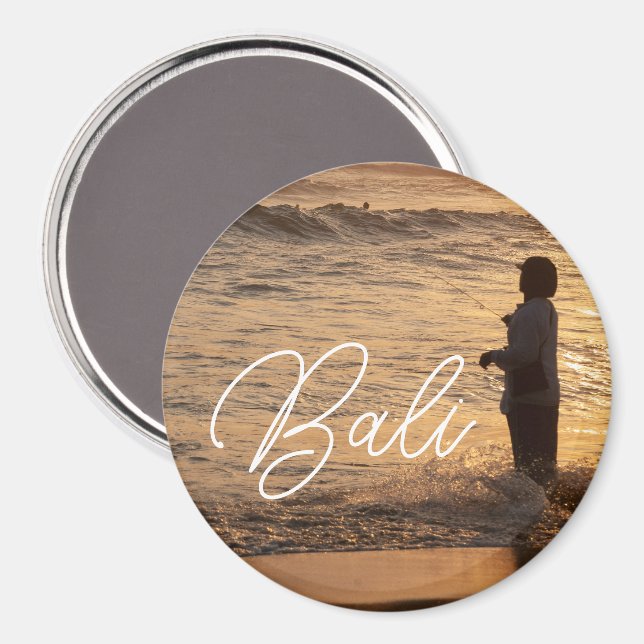 Aimant Rond Pêcheur au Coucher du Soleil à Bali (Recto/Verso)