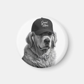 Aimant Rond Rétro Golden Retriever Vibes Positives