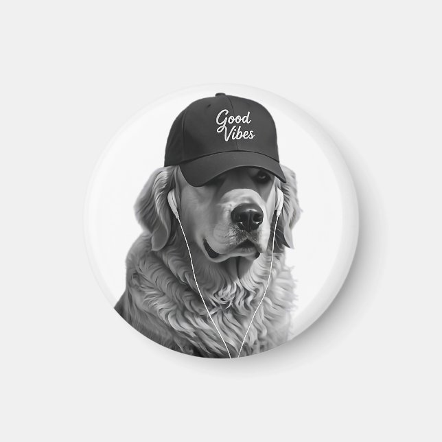 Aimant Rond Rétro Golden Retriever Vibes Positives (Devant)