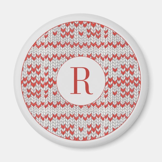 Aimant rond tricot nordique ROUGE + Initiale  (Devant)
