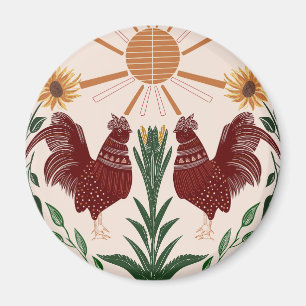 Aimant Rooster d'art populaire ensoleillé - Symétrie rayo