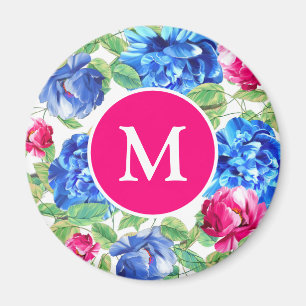 Aimant Rose Clair et Bleu Floral Joliment Monogrammé